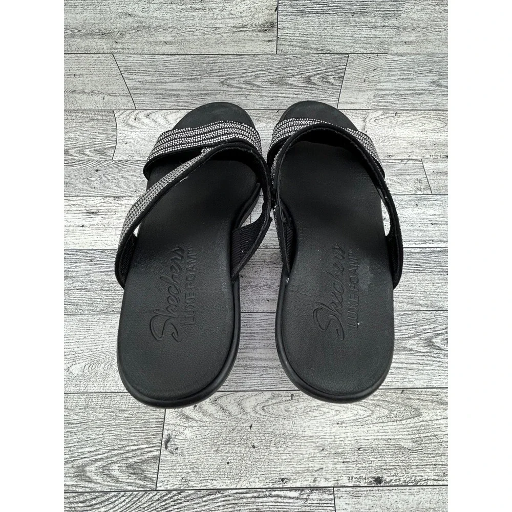 Skechers Luxe Foam Black Silver Rhinestone Wedge Sandals 119001 BKSL Women Sz 10
